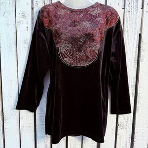 Vintage Fashion Code Velvet Top Women 1X  Shoulder Pads Black Maroon Embellished